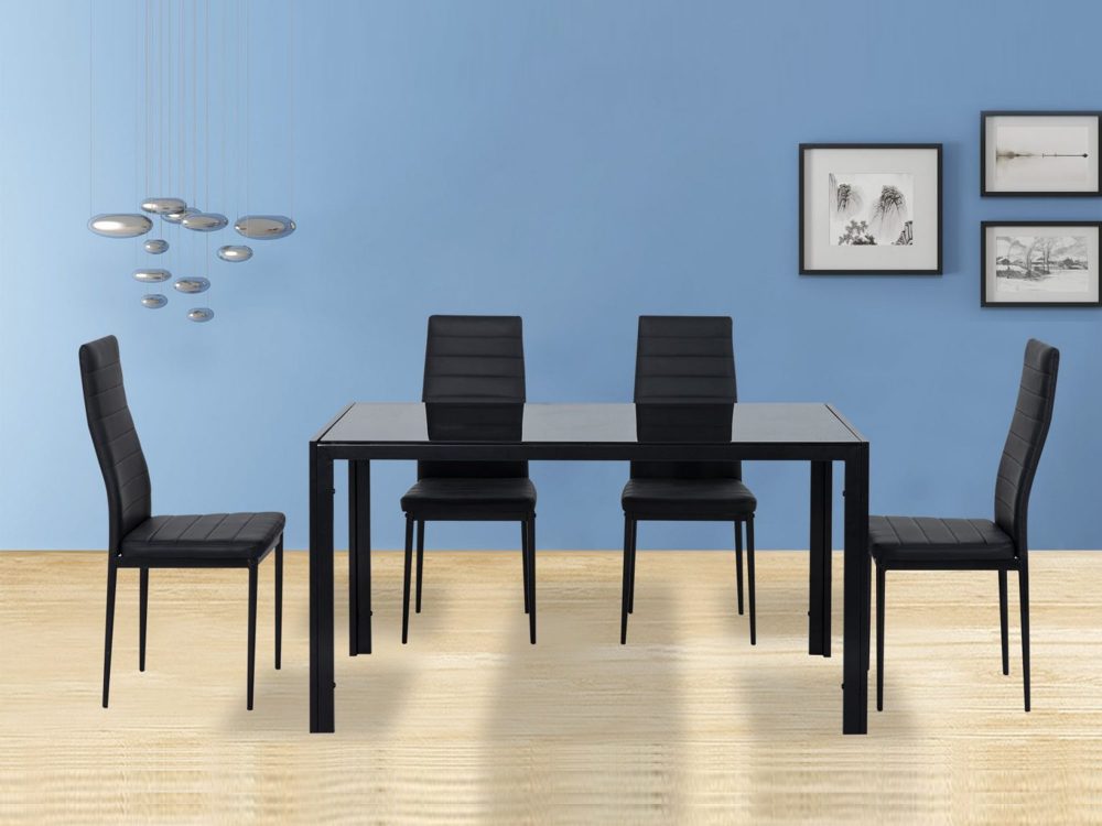 5PC Indoor Dining Table and Chairs Dinner Set Glass Leather Kitchen-Black - SILBERSHELL