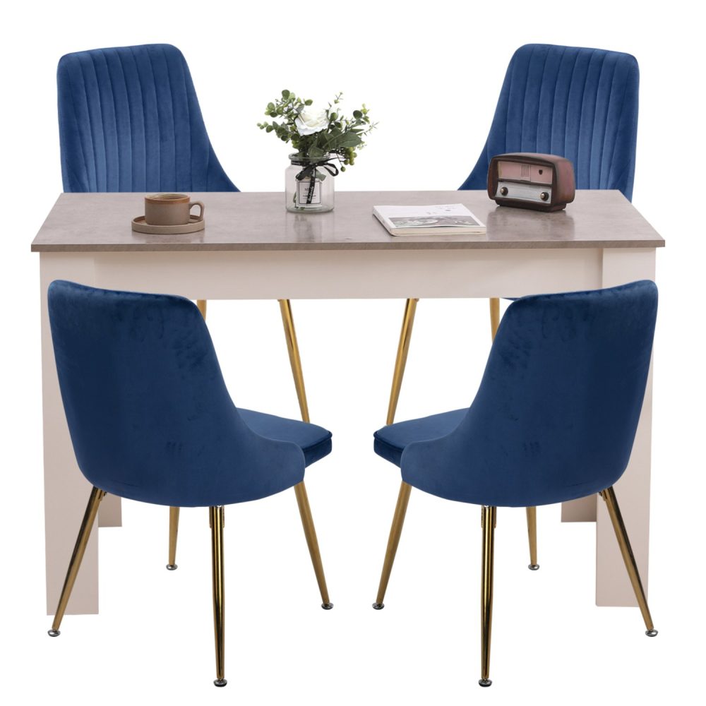 Grey Rectangular Dining Table with 4x Blue Velvet Chairs - SILBERSHELL