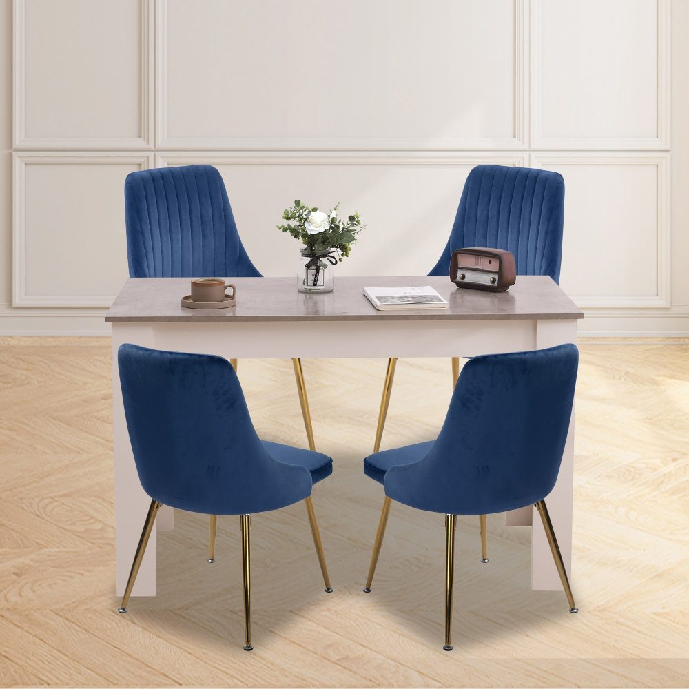 Grey Rectangular Dining Table with 4x Blue Velvet Chairs - SILBERSHELL