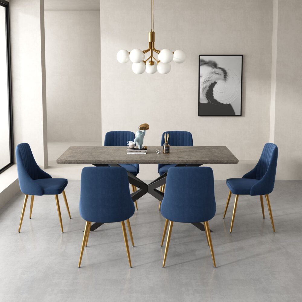 Dining Delight: Rectangular Table and Navy Velvet Chairs Dining Set - SILBERSHELL