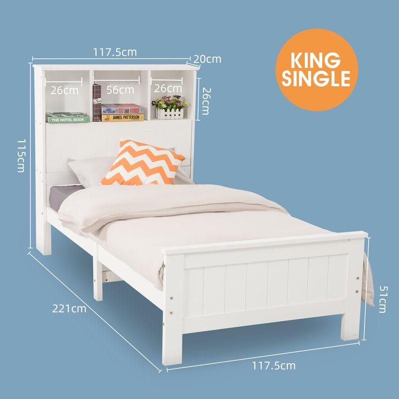 King Single Solid Pine Timber Bed Frame with Bookshelf Storage Headboard- White - SILBERSHELL