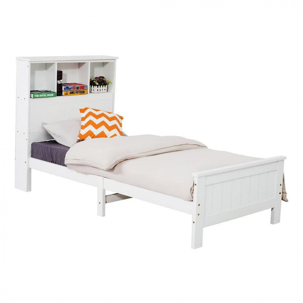 King Single Solid Pine Timber Bed Frame with Bookshelf Storage Headboard- White - SILBERSHELL