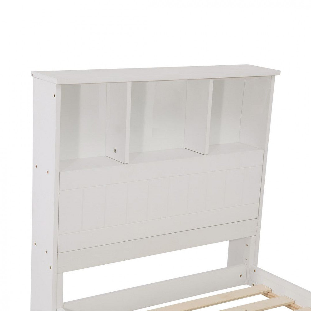 King Single Solid Pine Timber Bed Frame with Bookshelf Storage Headboard- White - SILBERSHELL