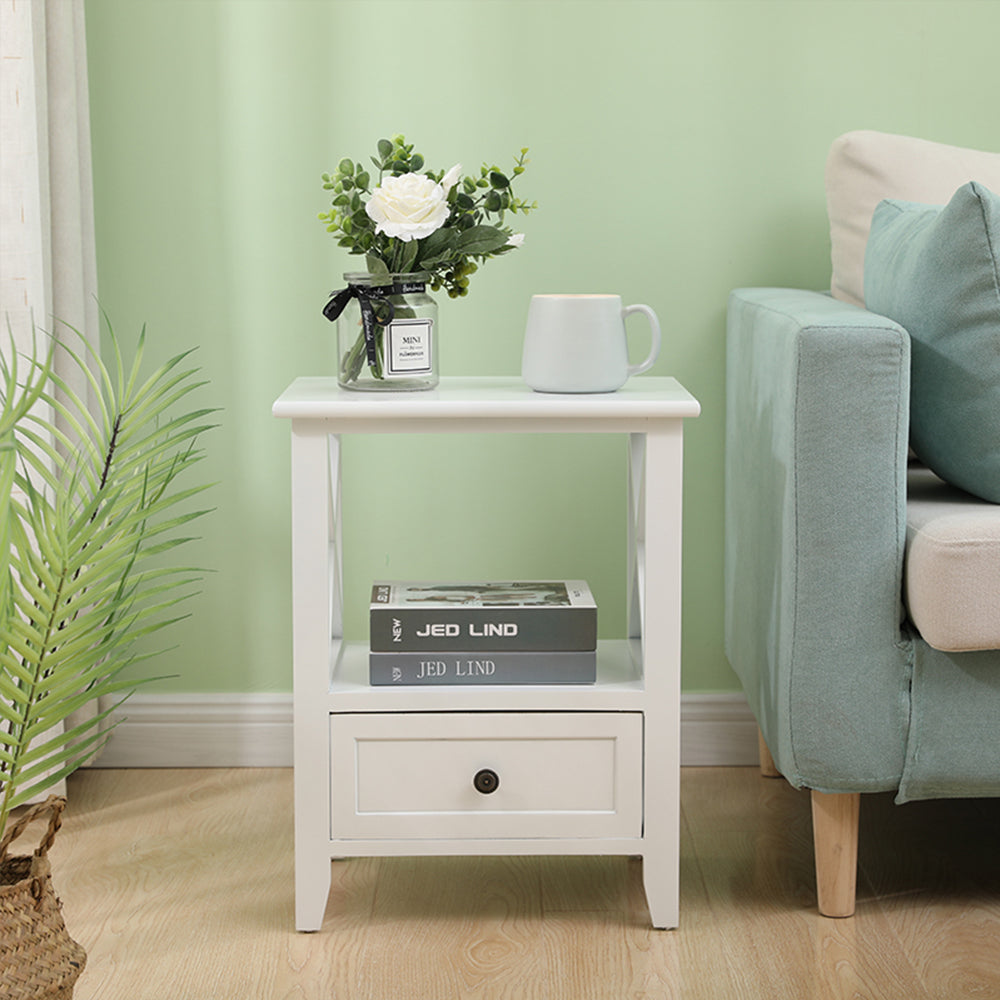 2-tier Bedside Table with Storage Drawer 2 PC - Rustic White - SILBERSHELL