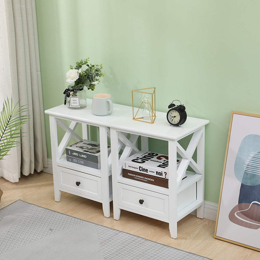 2-tier Bedside Table with Storage Drawer 2 PC - Rustic White - SILBERSHELL