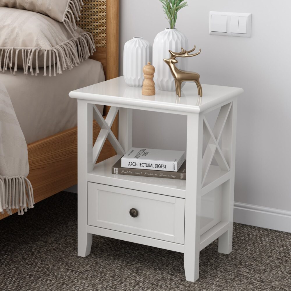 2-tier Bedside Table with Storage Drawer 2 PC - Rustic White - SILBERSHELL