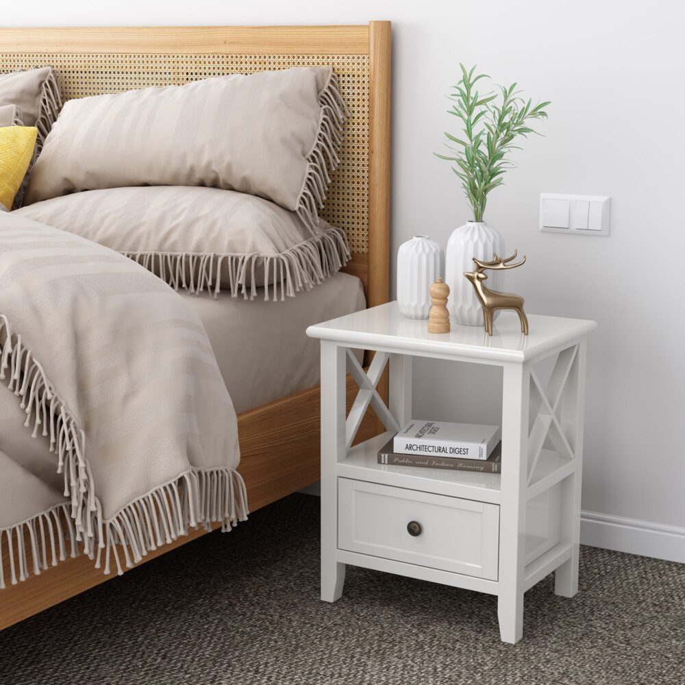 2-tier Bedside Table with Storage Drawer 2 PC - Rustic White - SILBERSHELL