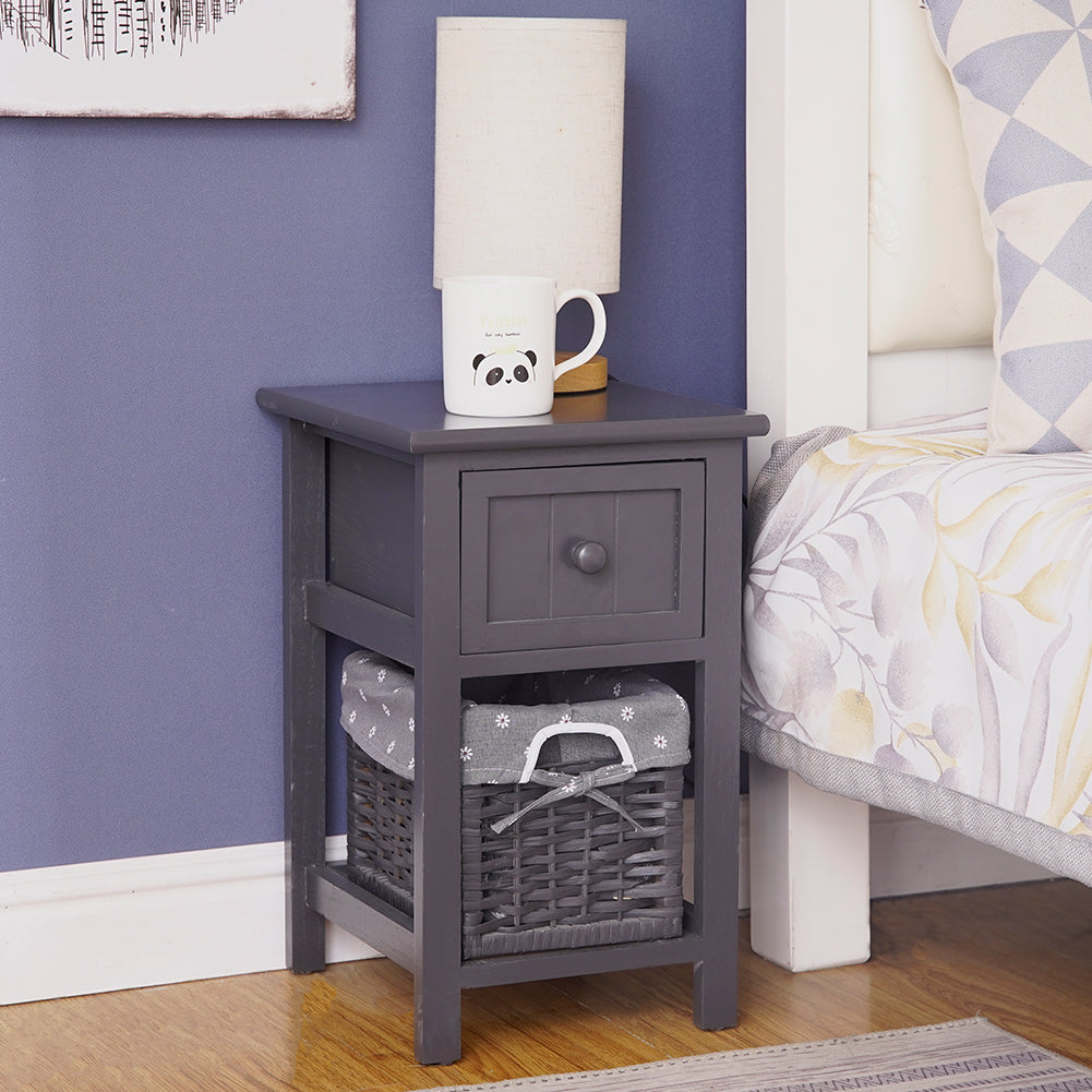 Grey Bedside Table with Wicker Basket - SILBERSHELL