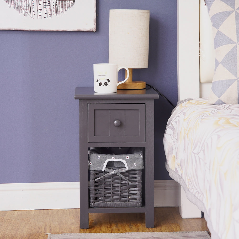 Grey Bedside Table with Wicker Basket - SILBERSHELL