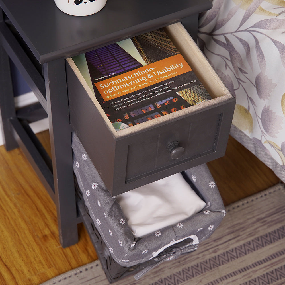 Grey Bedside Table with Wicker Basket - SILBERSHELL