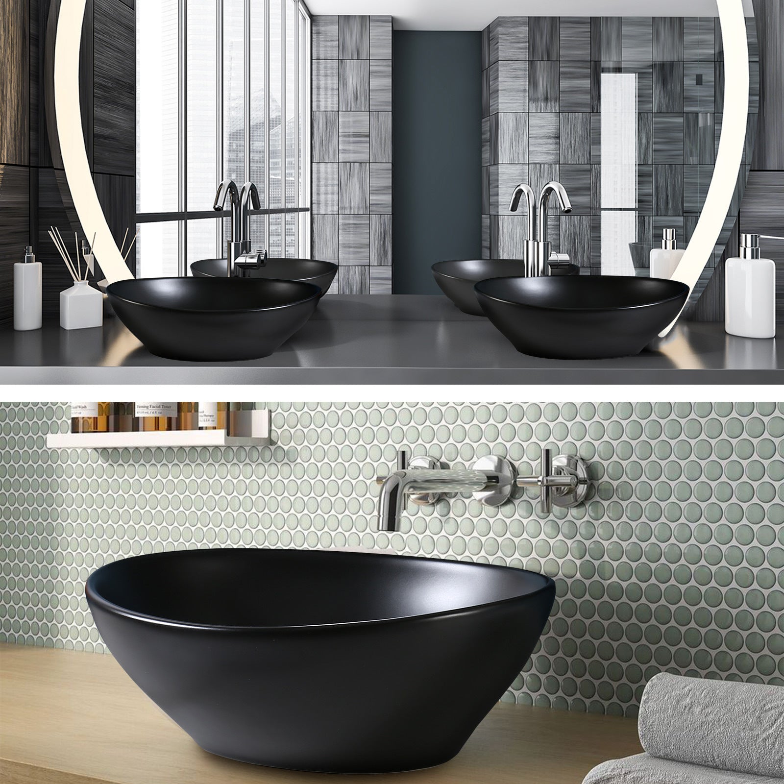 Muriel 41 x 34 x 14.5cm Black Ceramic Bathroom Basin Vanity Sink Oval Above Counter Top Mount Bowl - SILBERSHELL