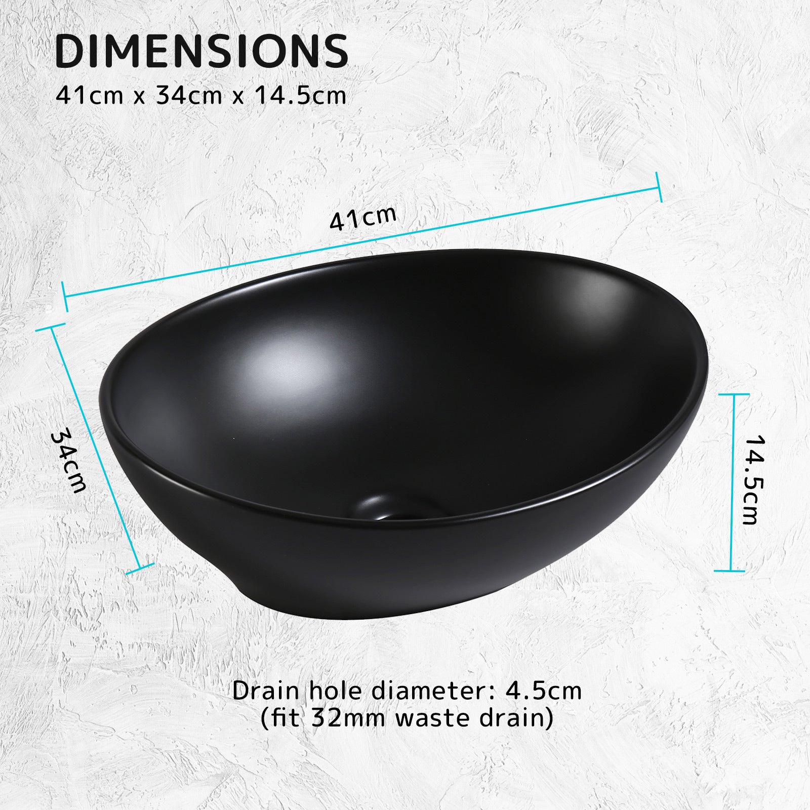 Muriel 41 x 34 x 14.5cm Black Ceramic Bathroom Basin Vanity Sink Oval Above Counter Top Mount Bowl - SILBERSHELL