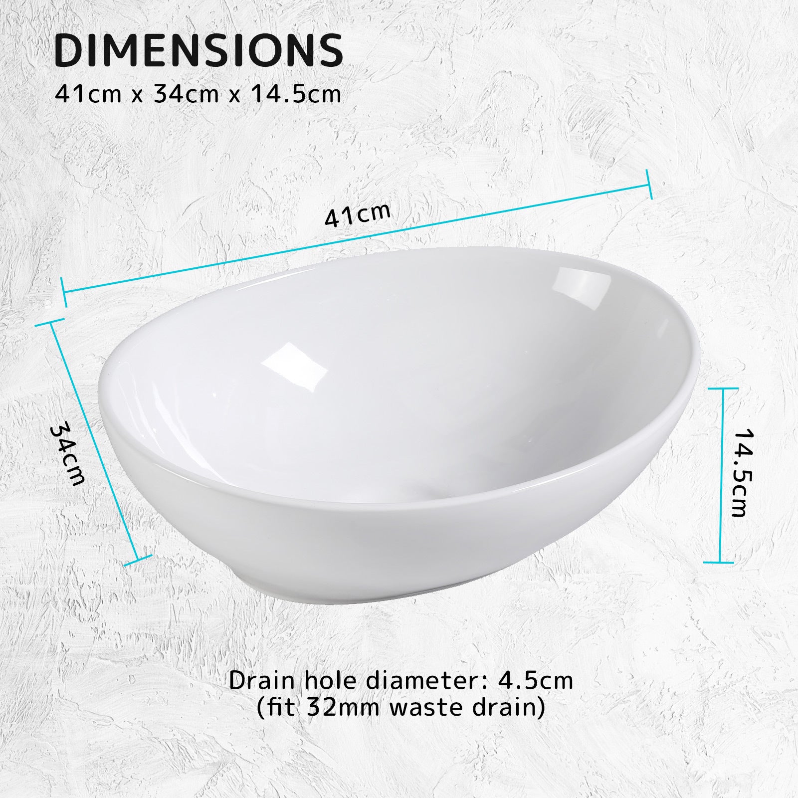 Muriel 41 x 34 x 14.5cm White Ceramic Bathroom Basin Vanity Sink Oval Above Counter Top Mount Bowl - SILBERSHELL