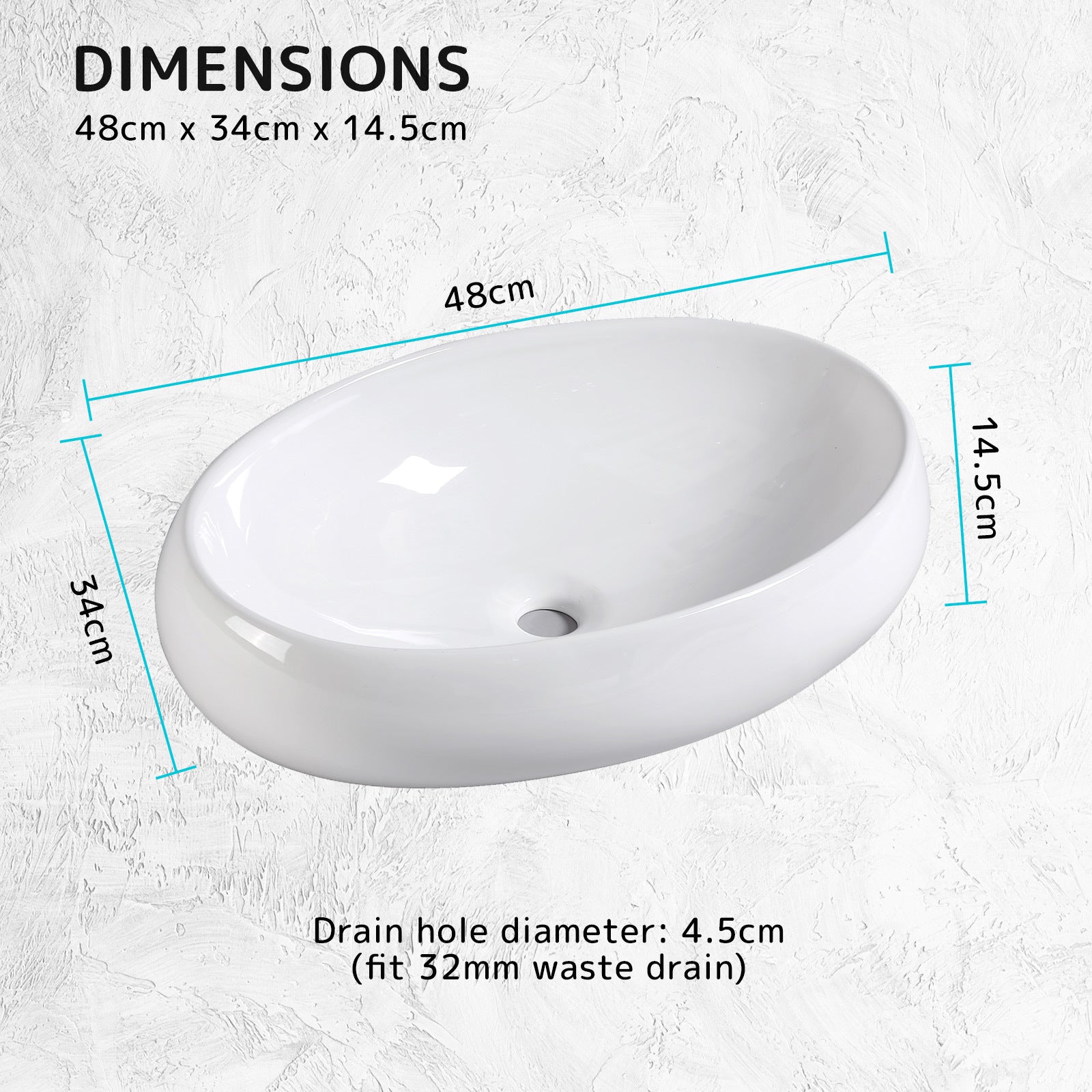 Muriel 48 x 34 x 14.5cm White Ceramic Bathroom Basin Vanity Sink Oval Above Counter Top Mount Bowl - SILBERSHELL