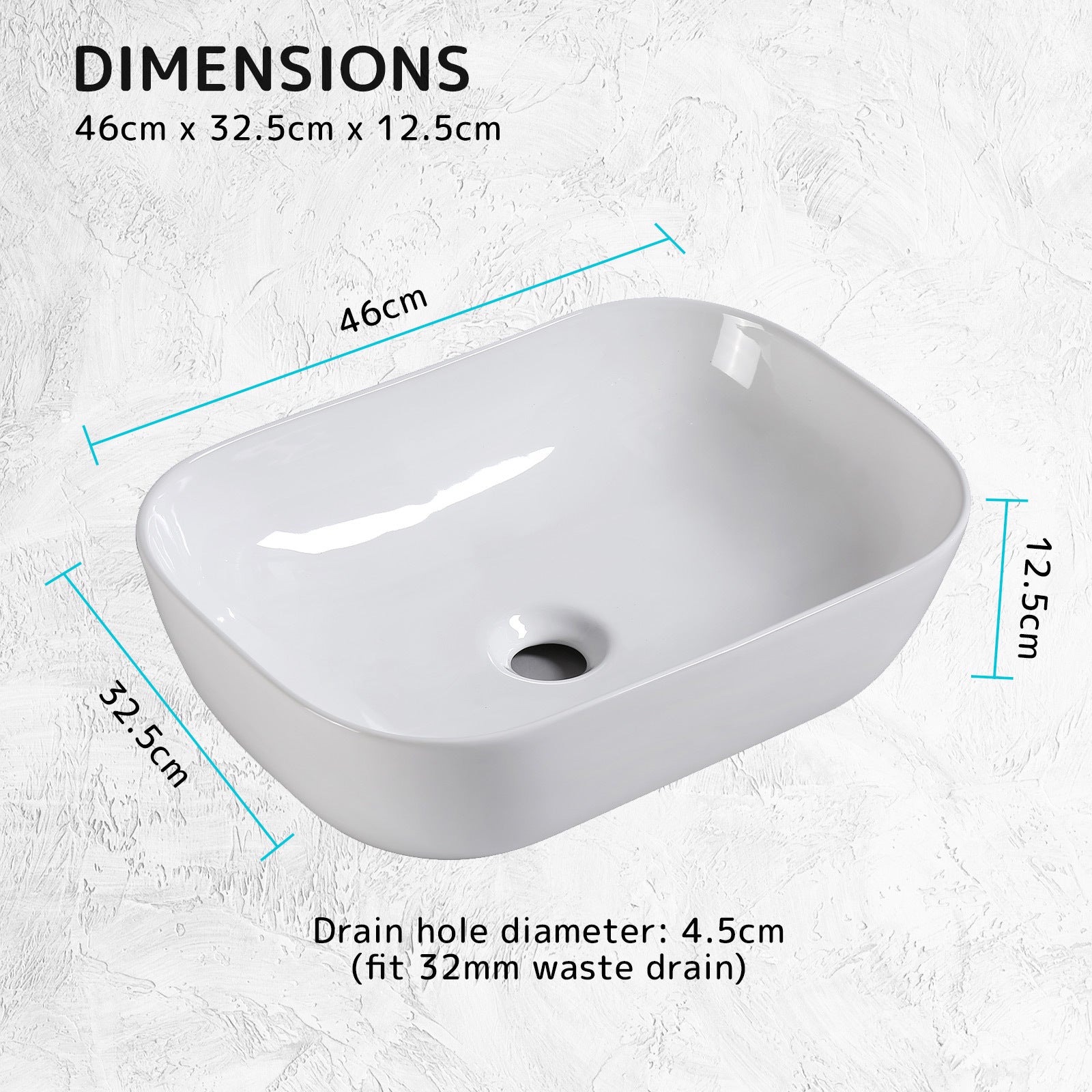 Muriel 46 x 32.5 x 12.5cm White Ceramic Bathroom Basin Vanity Sink Above Counter Top Mount Bowl - SILBERSHELL