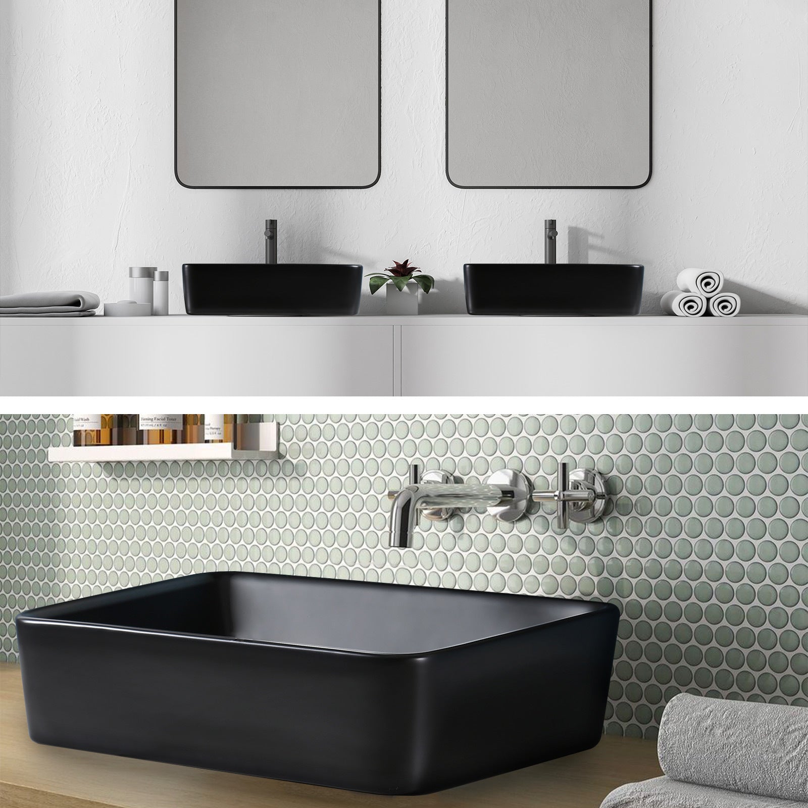 Muriel 48 x 37.5 x 13cm Black Ceramic Bathroom Basin Vanity Sink Above Counter Top Mount Bowl - SILBERSHELL