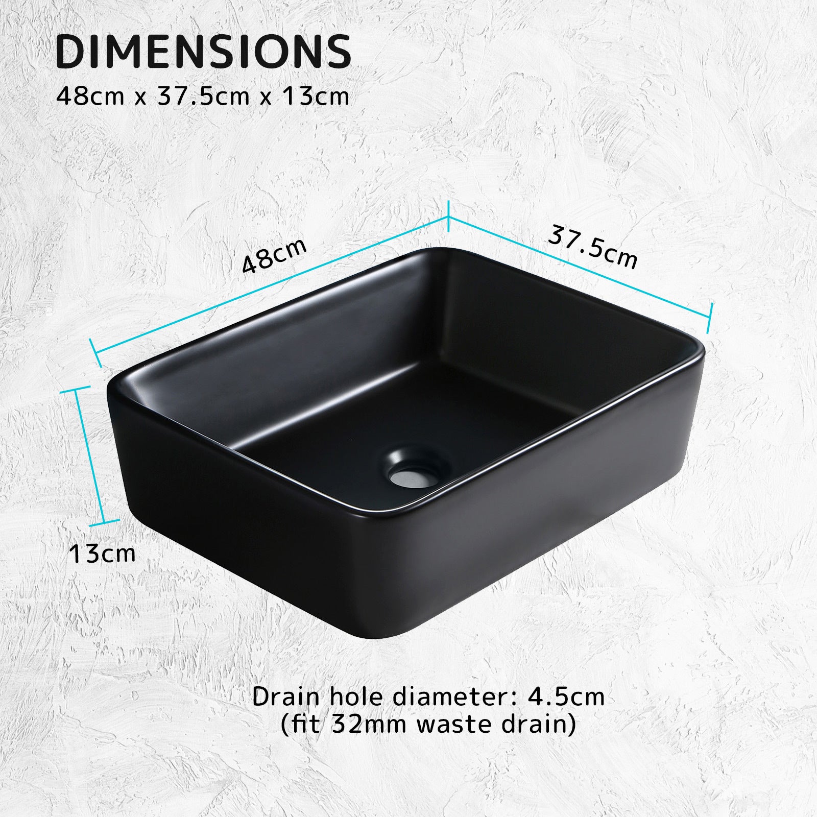 Muriel 48 x 37.5 x 13cm Black Ceramic Bathroom Basin Vanity Sink Above Counter Top Mount Bowl - SILBERSHELL