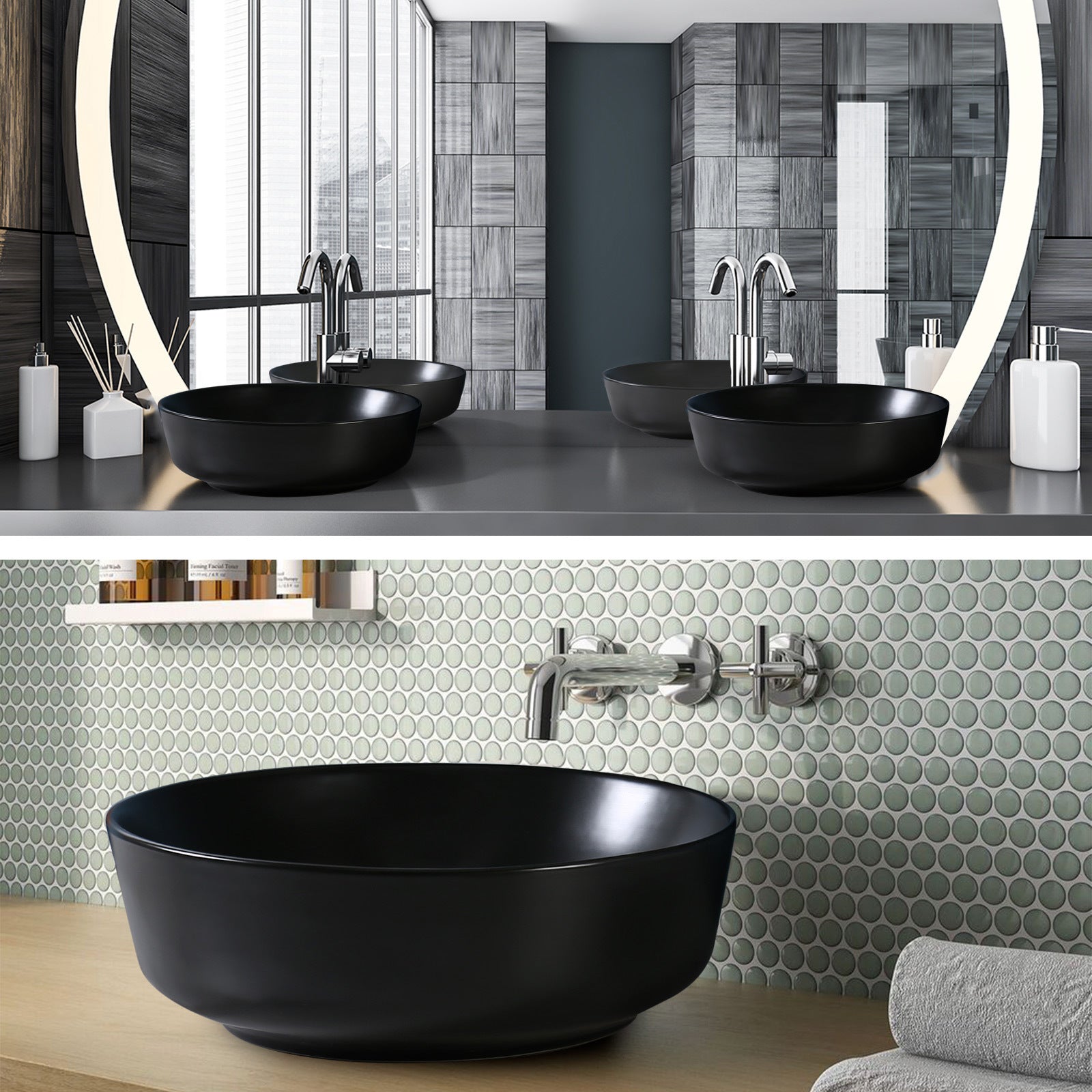 Muriel 42 x 42 x 13.5cm Black Ceramic Bathroom Basin Vanity Sink Round Above Counter Top Mount Bowl - SILBERSHELL