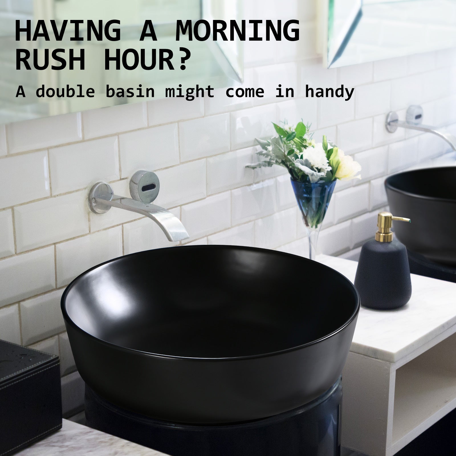 Muriel 42 x 42 x 13.5cm Black Ceramic Bathroom Basin Vanity Sink Round Above Counter Top Mount Bowl - SILBERSHELL