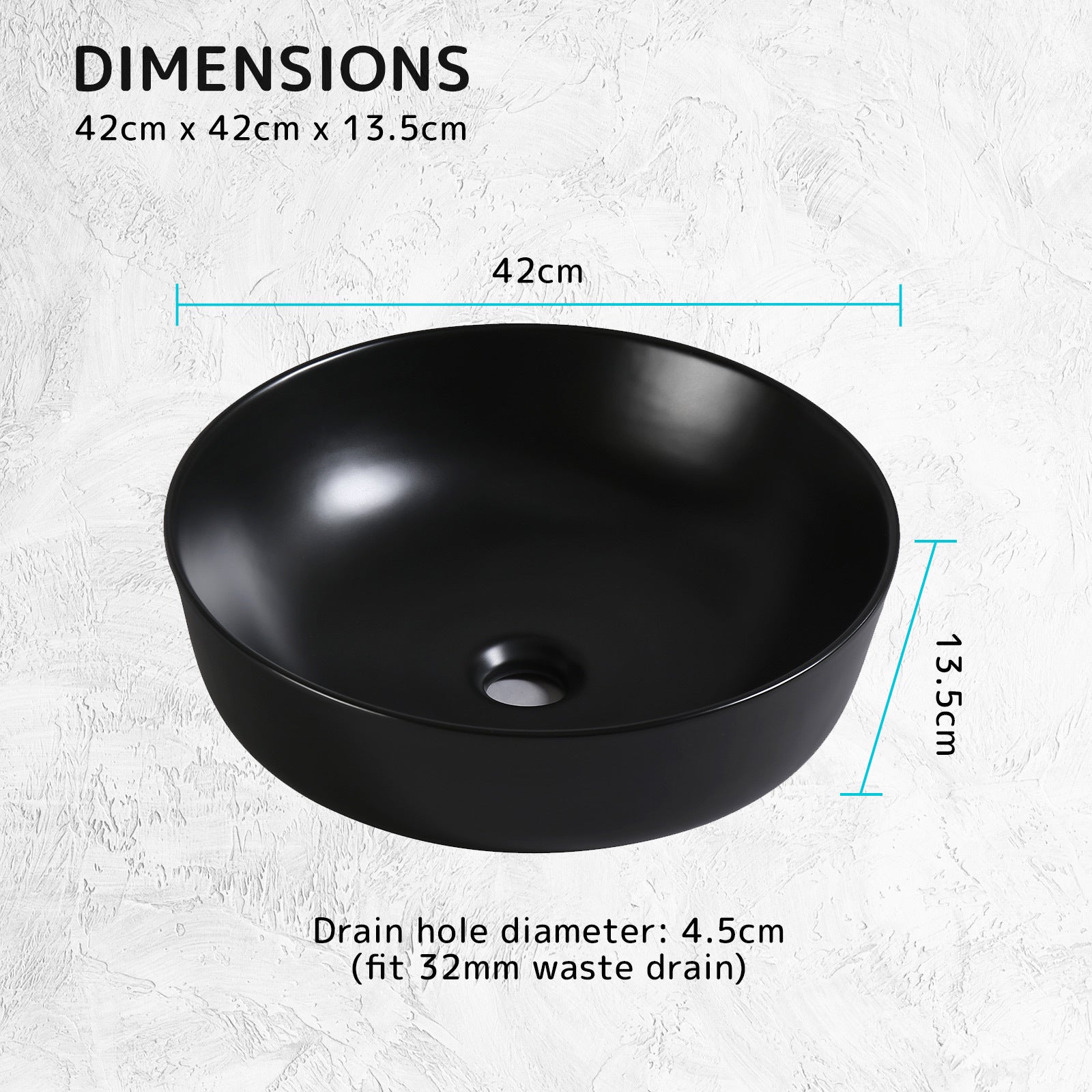 Muriel 42 x 42 x 13.5cm Black Ceramic Bathroom Basin Vanity Sink Round Above Counter Top Mount Bowl - SILBERSHELL