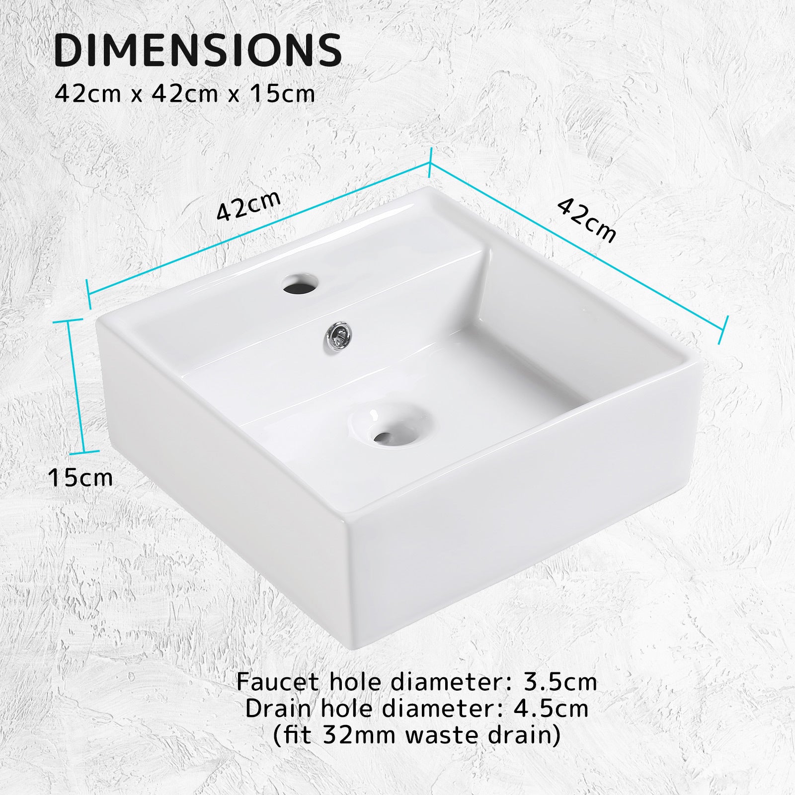 Muriel 42 x 42 x 15cm White Ceramic Bathroom Basin Vanity Sink Square Above Counter Top Mount Bowl - SILBERSHELL