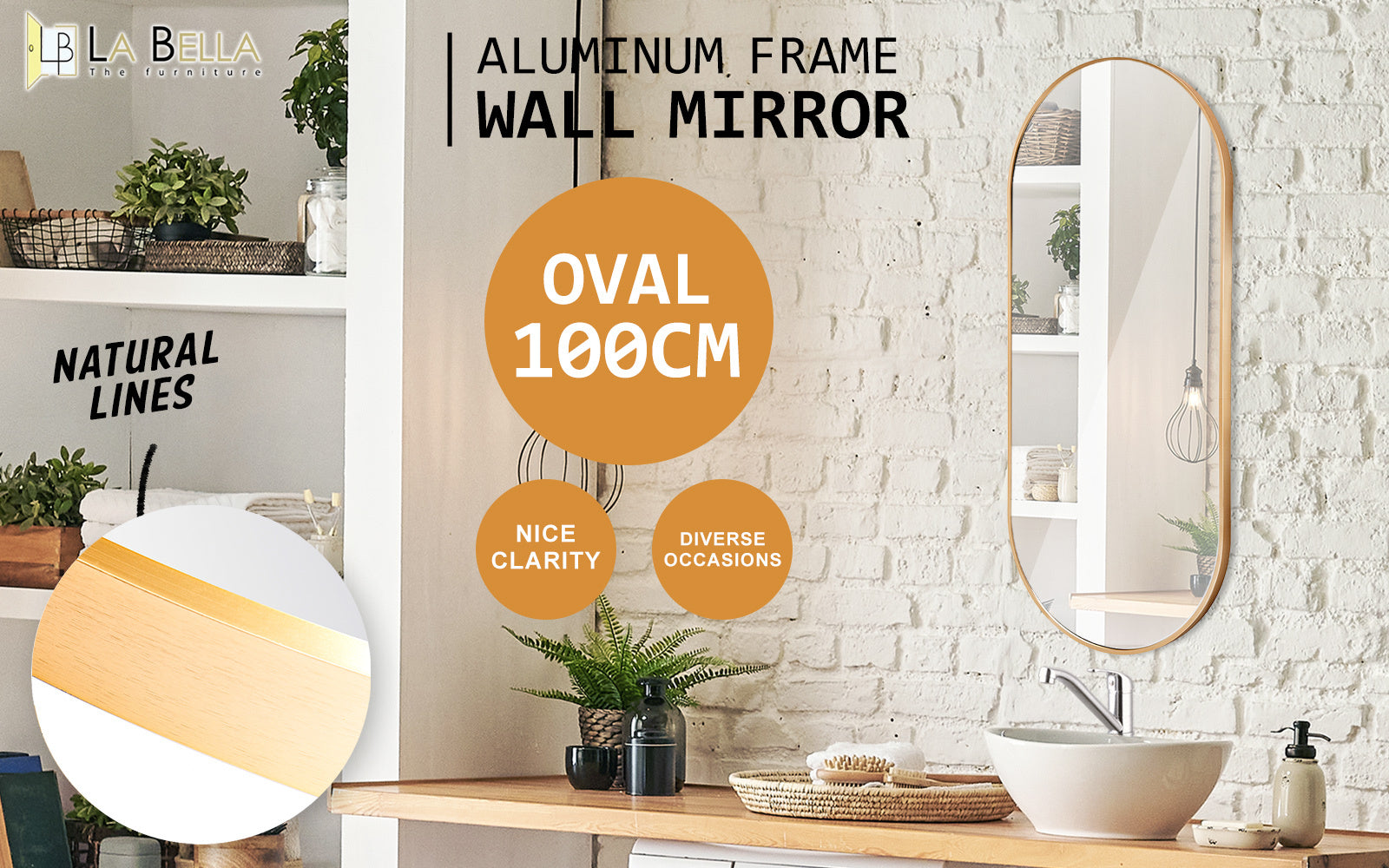 La Bella Gold Wall Mirror Oval Aluminum Frame Makeup Decor Bathroom Vanity 45 x 100cm - SILBERSHELL