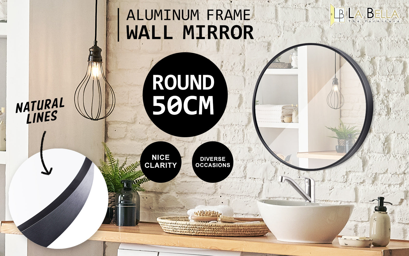 La Bella Black Wall Mirror Round Aluminum Frame Makeup Decor Bathroom Vanity 50cm - SILBERSHELL