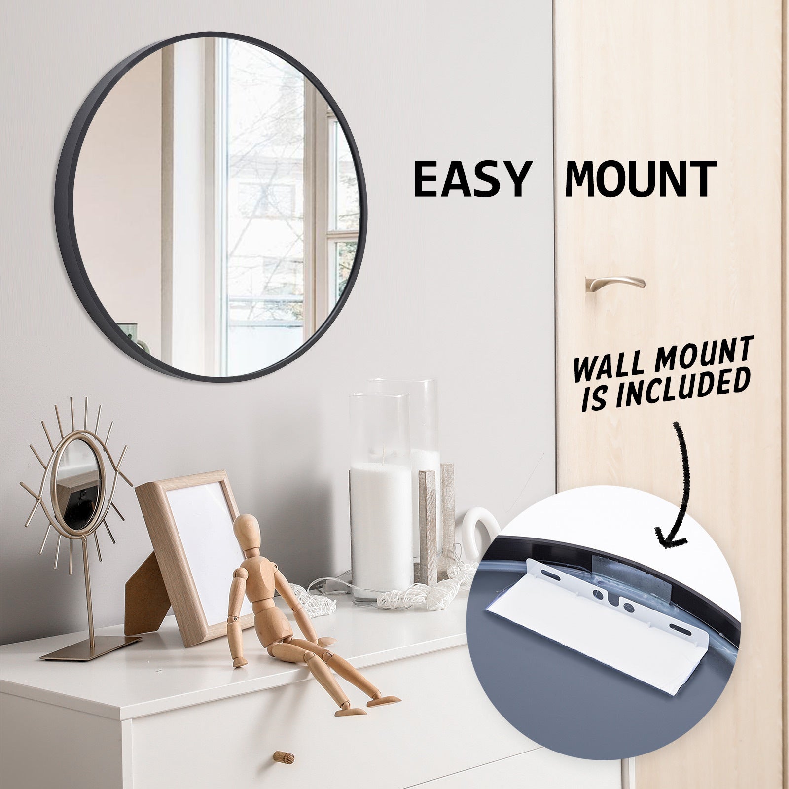 La Bella Black Wall Mirror Round Aluminum Frame Makeup Decor Bathroom Vanity 60cm - SILBERSHELL