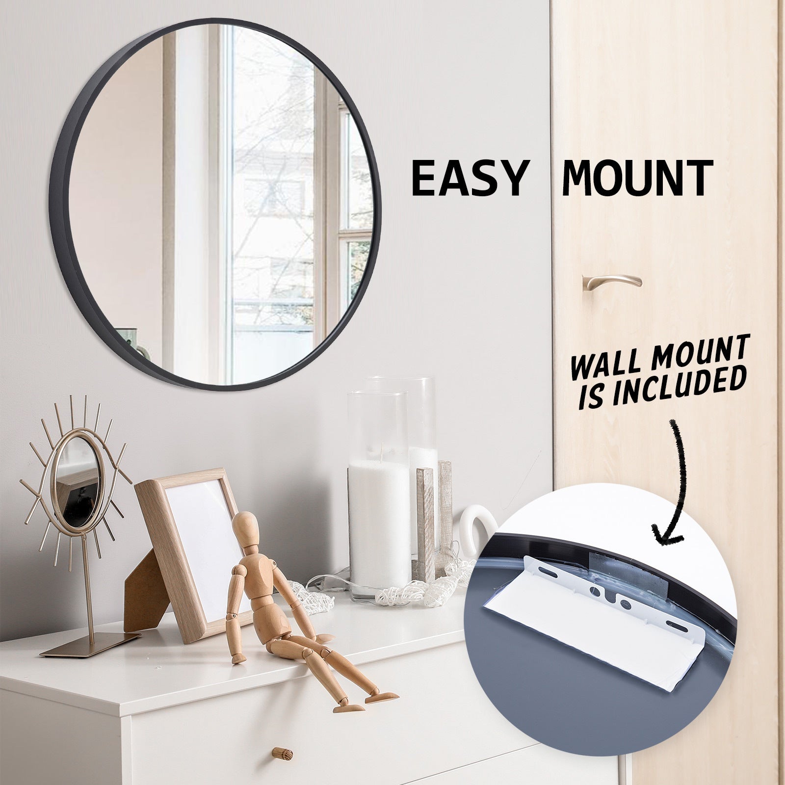 La Bella Black Wall Mirror Round Aluminum Frame Makeup Decor Bathroom Vanity 70cm - SILBERSHELL