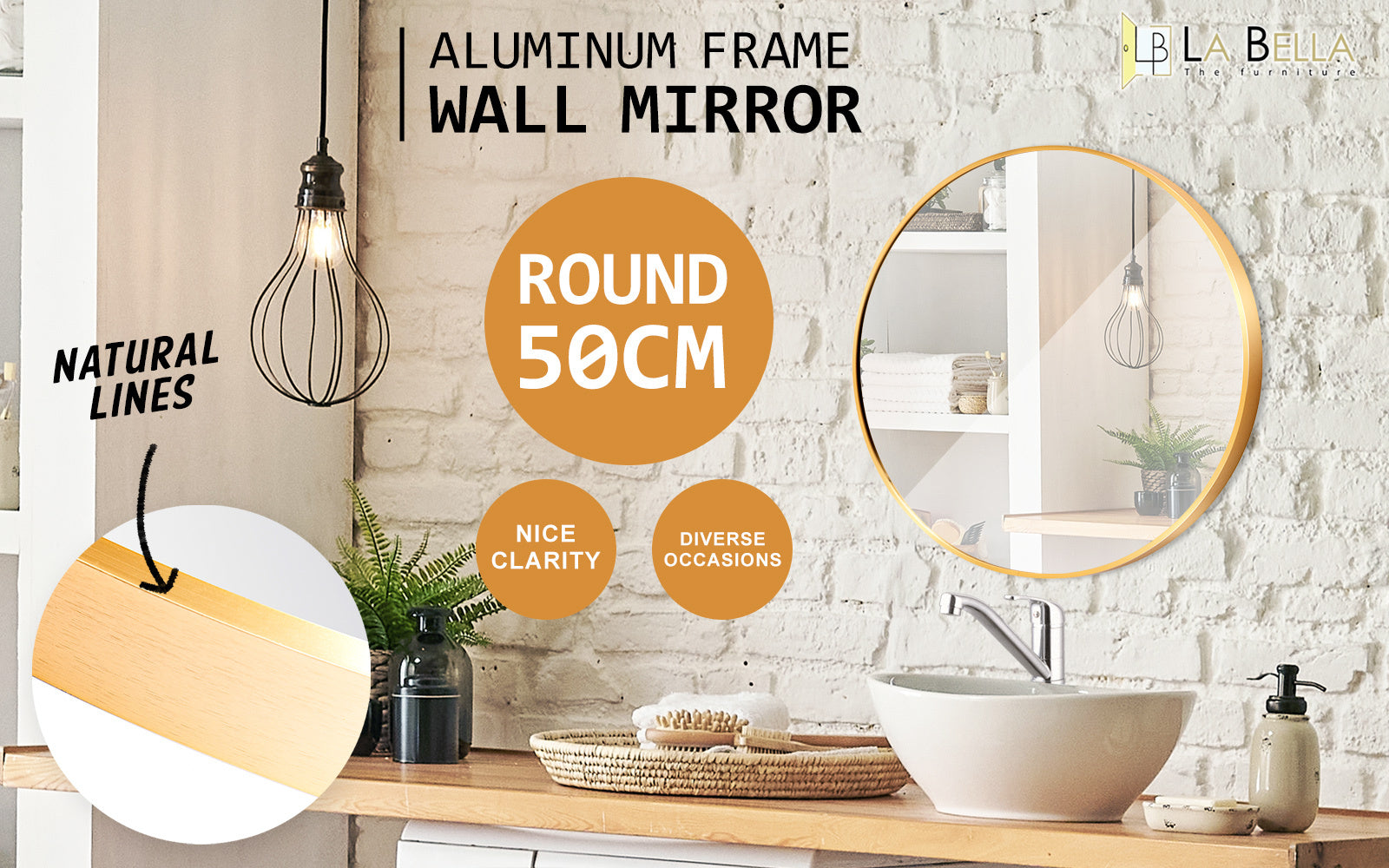 La Bella Gold Wall Mirror Round Aluminum Frame Makeup Decor Bathroom Vanity 50cm - SILBERSHELL