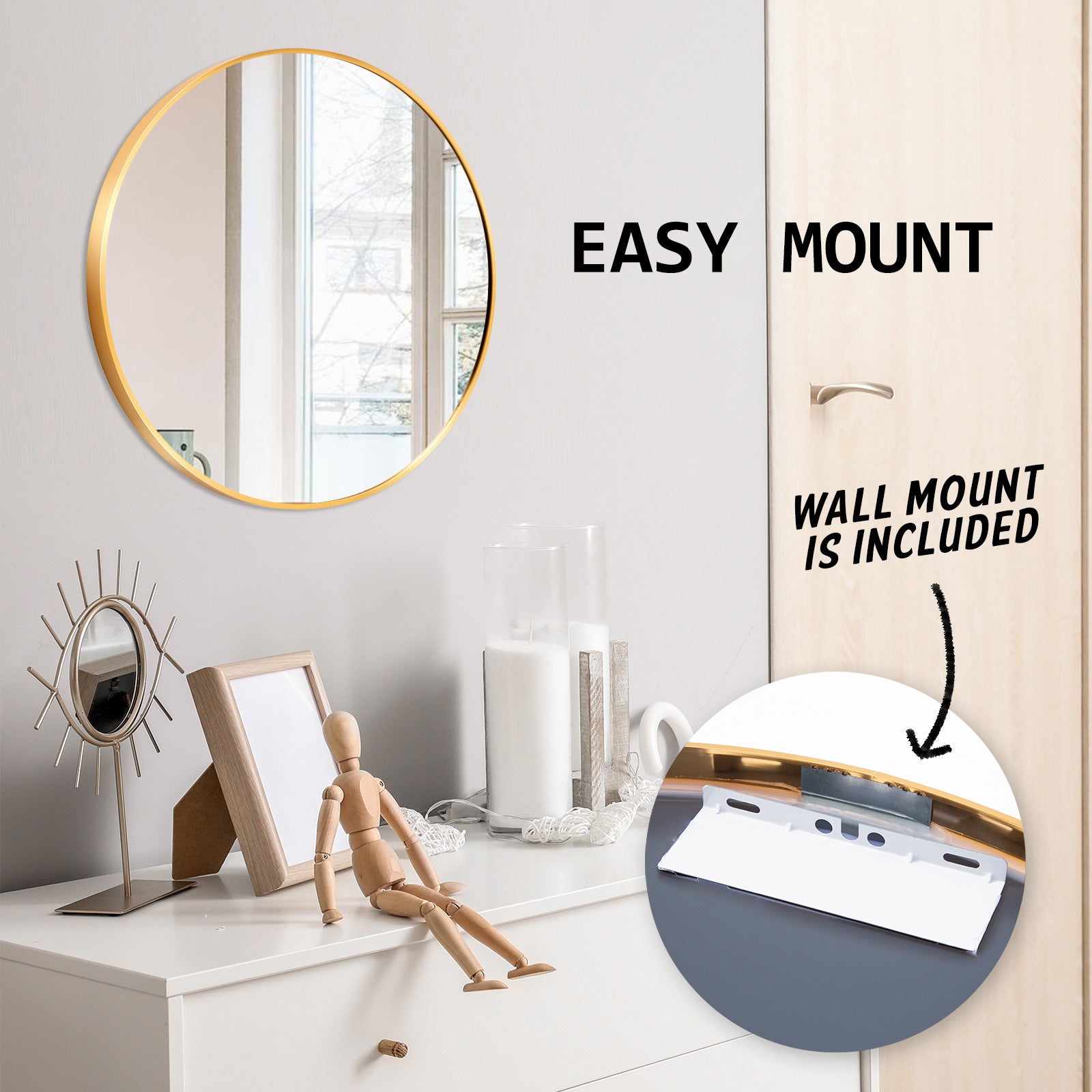 La Bella Gold Wall Mirror Round Aluminum Frame Makeup Decor Bathroom Vanity 50cm - SILBERSHELL