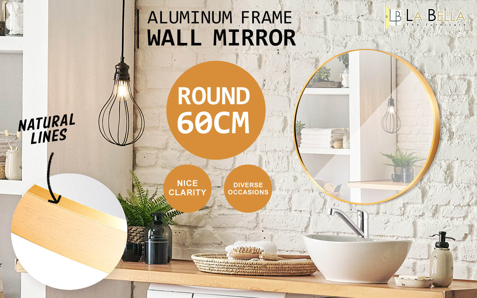 La Bella Gold Wall Mirror Round Aluminum Frame Makeup Decor Bathroom Vanity 60cm - SILBERSHELL