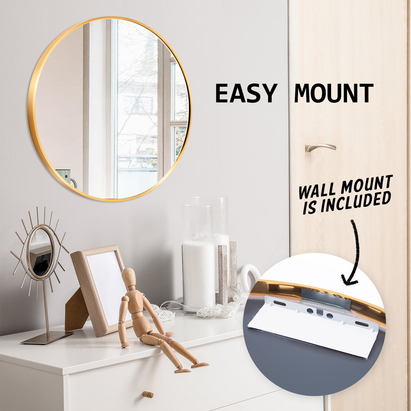 La Bella Gold Wall Mirror Round Aluminum Frame Makeup Decor Bathroom Vanity 60cm - SILBERSHELL