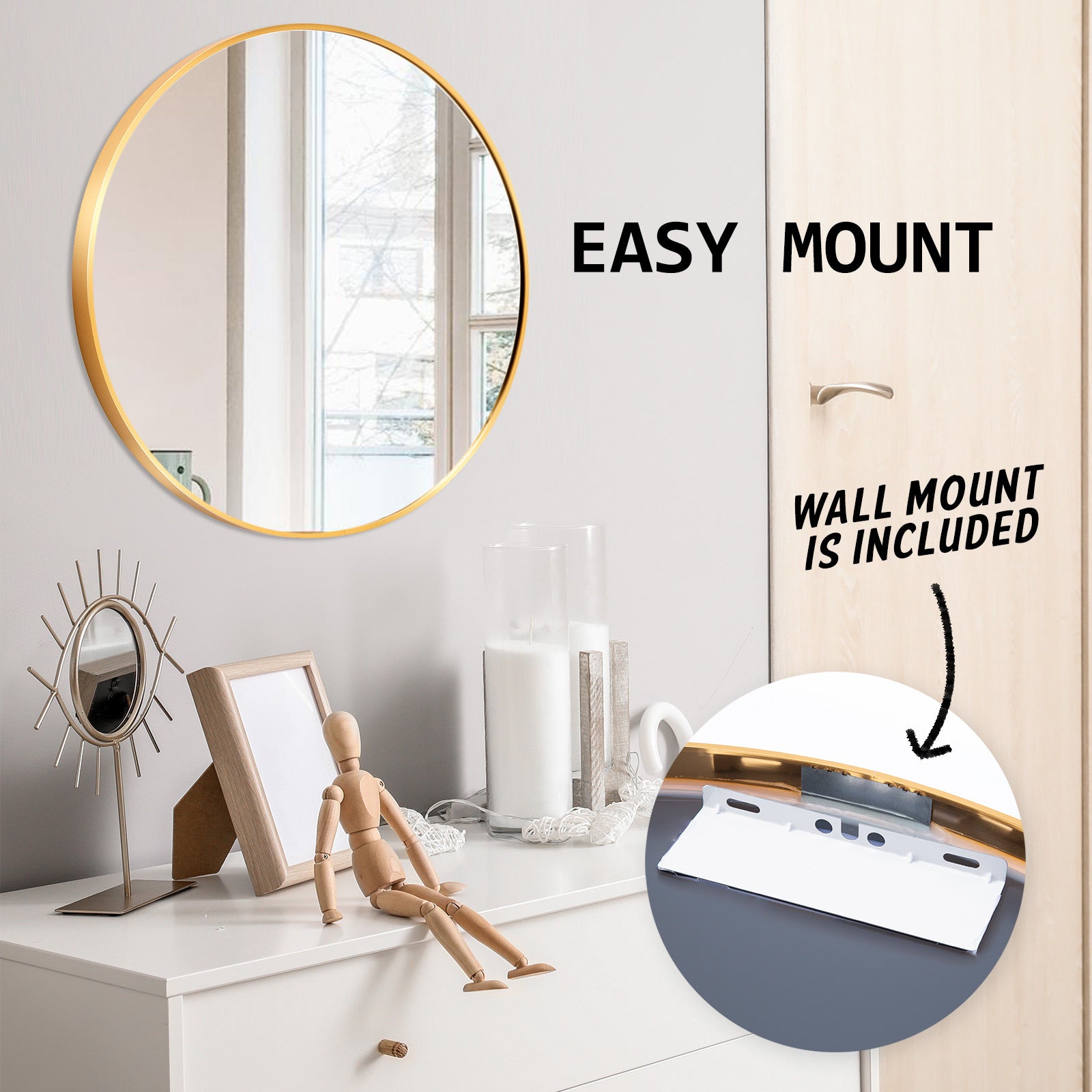 La Bella Gold Wall Mirror Round Aluminum Frame Makeup Decor Bathroom Vanity 70cm - SILBERSHELL