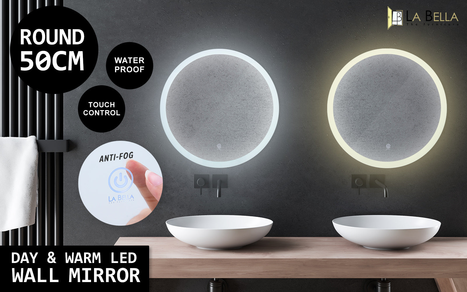 La Bella LED Wall Mirror Round Touch Anti-Fog Makeup Decor Bathroom Vanity 50cm - SILBERSHELL