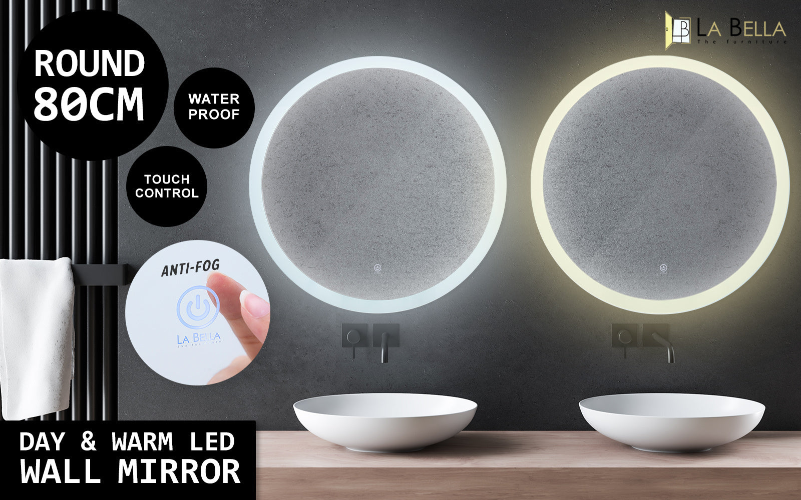 La Bella LED Wall Mirror Round Touch Anti-Fog Makeup Decor Bathroom Vanity 80cm - SILBERSHELL