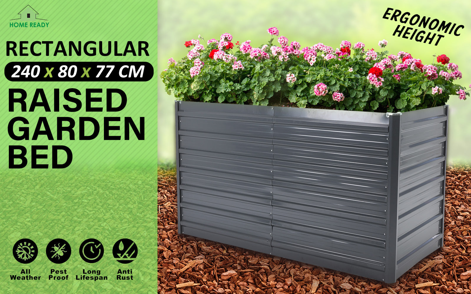 Home Ready 240 x 80 x 77cm Grey 2-in-1 Raised Garden Bed Galvanised Steel Planter - SILBERSHELL