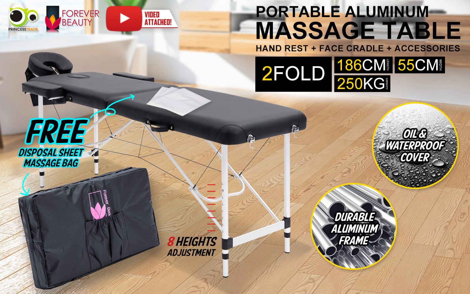 Forever Beauty Black Portable Beauty Massage Table Bed Therapy Waxing 2 Fold 55cm Aluminium - SILBERSHELL