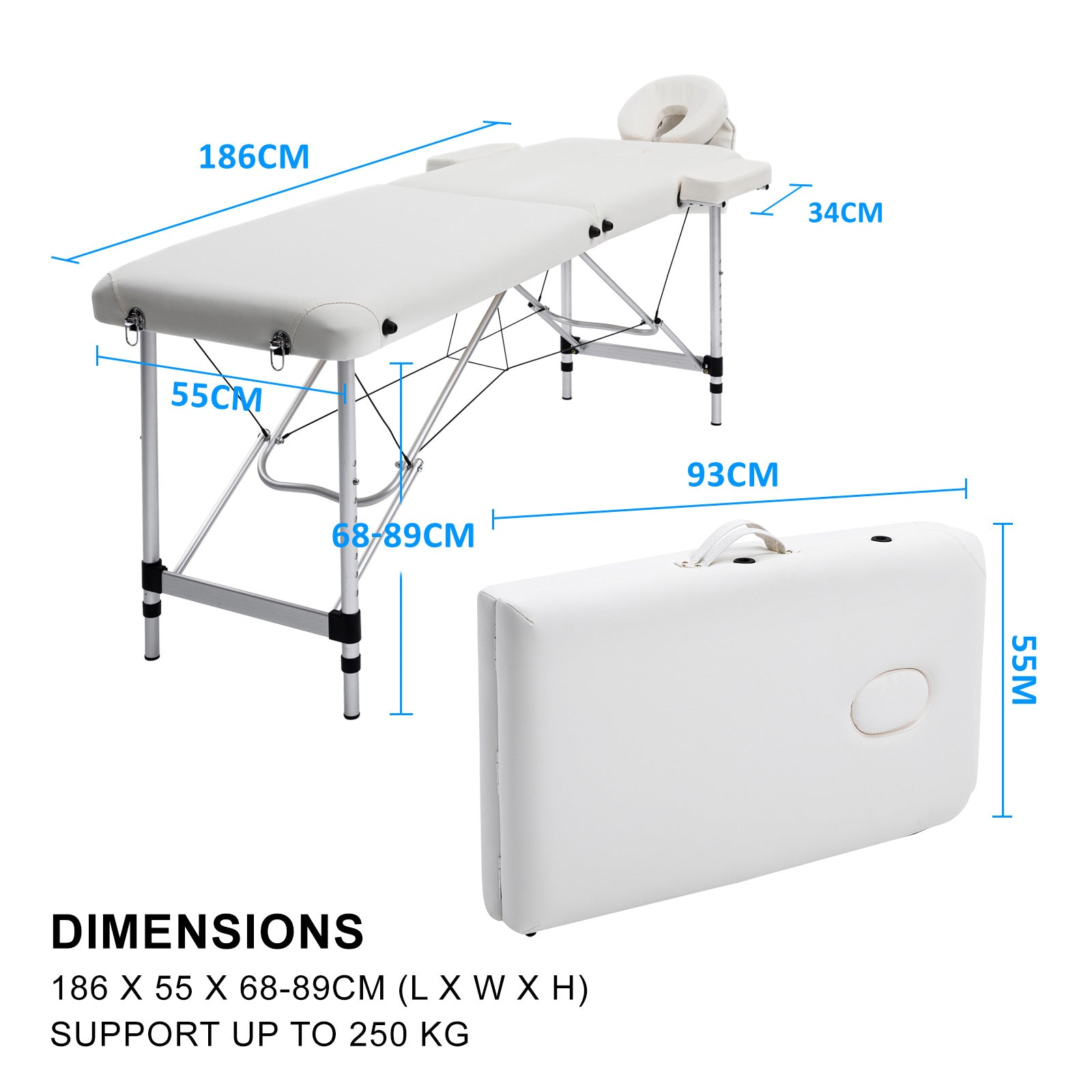Forever Beauty White Portable Beauty Massage Table Bed Therapy Waxing 2 Fold 55cm Aluminium - SILBERSHELL