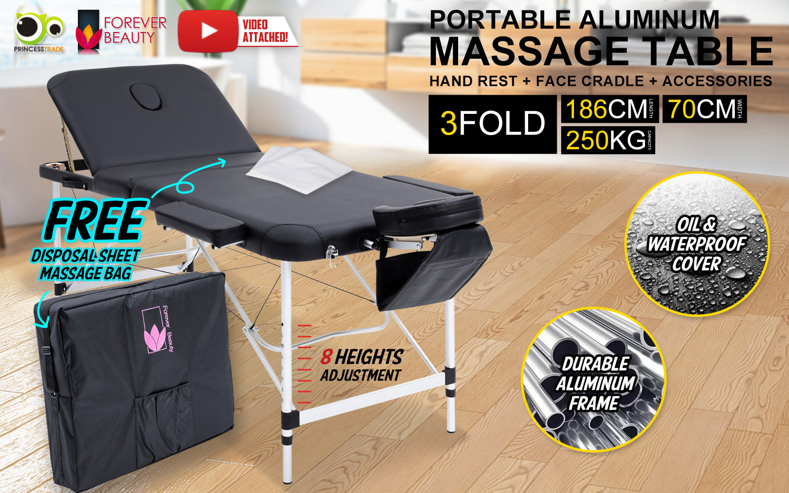 Forever Beauty Black Portable Beauty Massage Table Bed Therapy Waxing 3 Fold 70cm Aluminium - SILBERSHELL