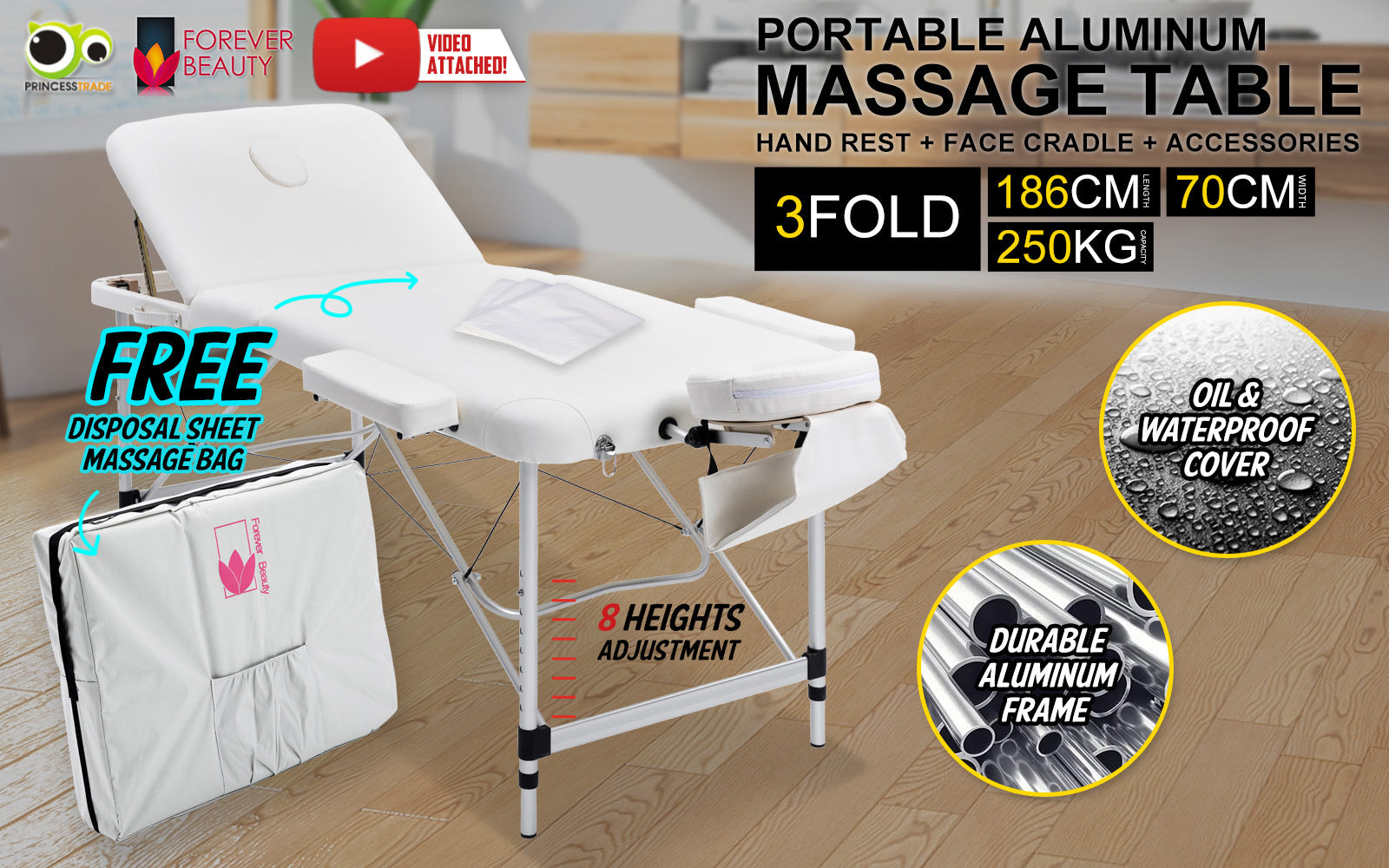 Forever Beauty White Portable Beauty Massage Table Bed Therapy Waxing 3 Fold 70cm Aluminium - SILBERSHELL