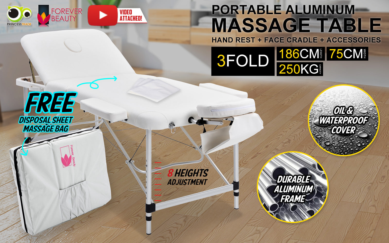 Forever Beauty White Portable Beauty Massage Table Bed Therapy Waxing 3 Fold 75cm Aluminium - SILBERSHELL