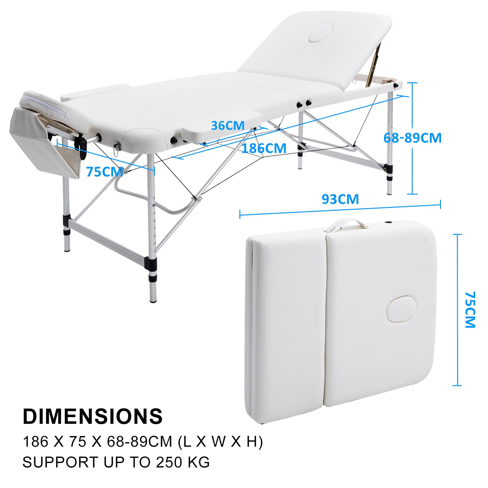 Forever Beauty White Portable Beauty Massage Table Bed Therapy Waxing 3 Fold 75cm Aluminium - SILBERSHELL