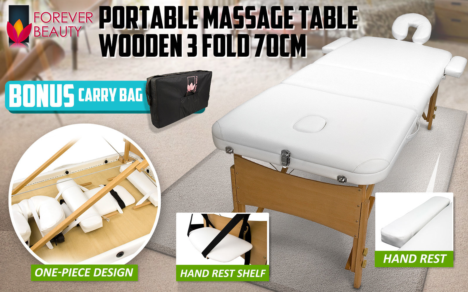 Forever Beauty White Portable Beauty Massage Table Bed 3 Fold 70cm Wooden - SILBERSHELL