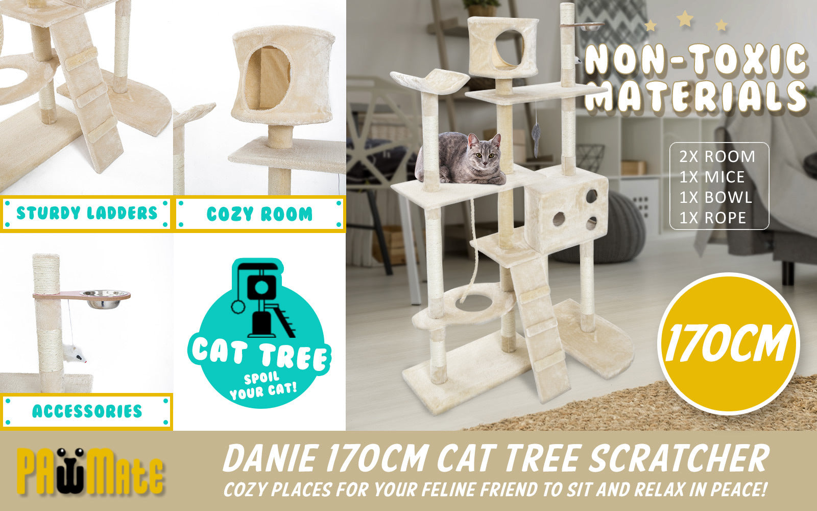 Paw Mate 170cm Beige Cat Tree Danie Multi Level Scratcher - SILBERSHELL