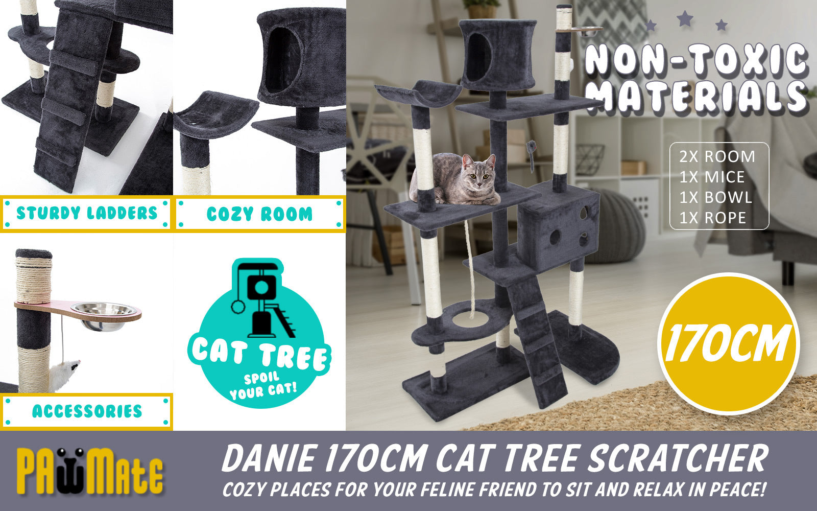 Paw Mate 170cm Grey Cat Tree Danie Multi Level Scratcher - SILBERSHELL