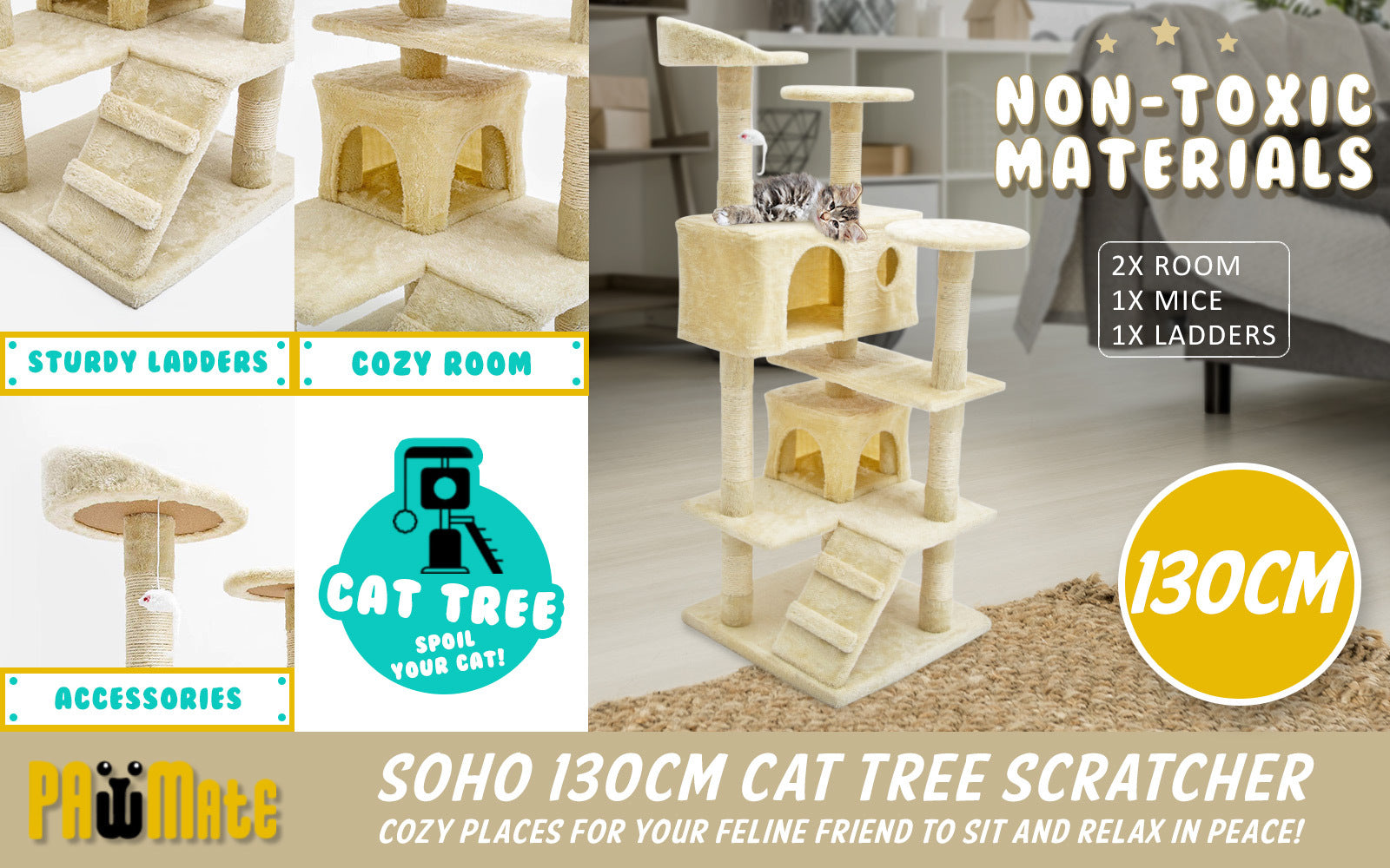 Paw Mate 130cm Beige Cat Tree Soho Multi Level Scratcher - SILBERSHELL
