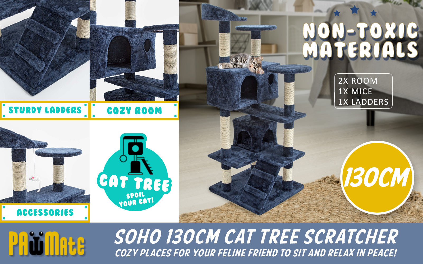 Paw Mate 130cm Blue Cat Tree Soho Multi Level Scratcher - SILBERSHELL