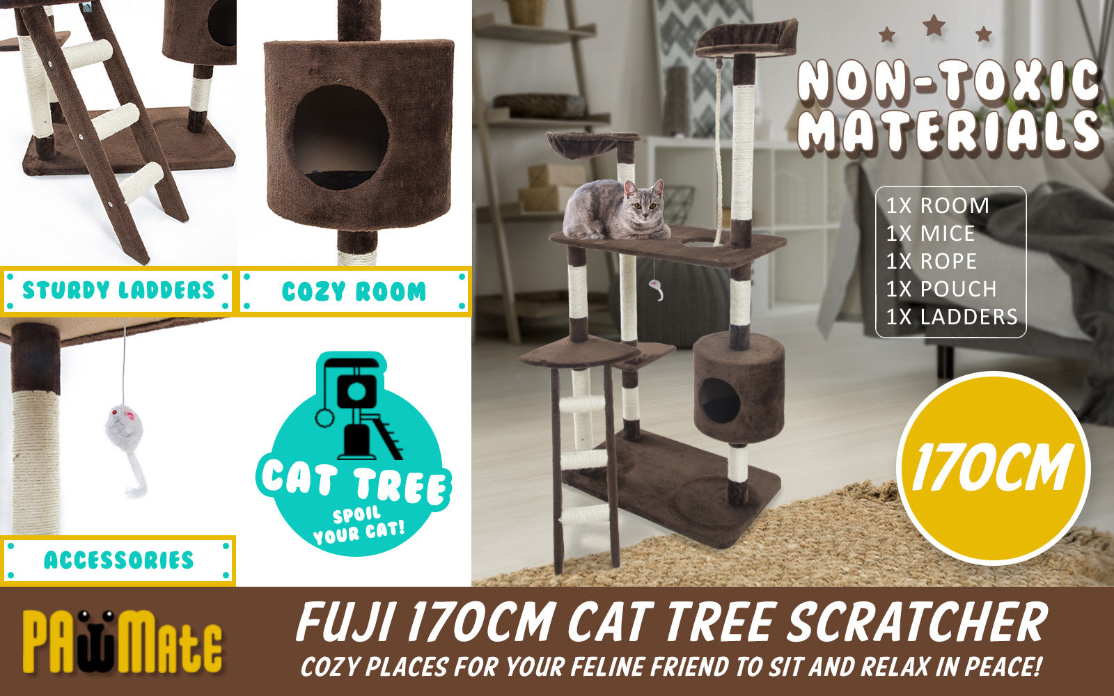 Paw Mate 170cm Brown Cat Tree Fuji Multi Level Scratcher - SILBERSHELL