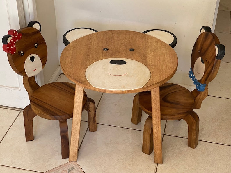 Children's furniture Set Bear Table and 2 Chairs -natural wood handmade and solid build - SILBERSHELL